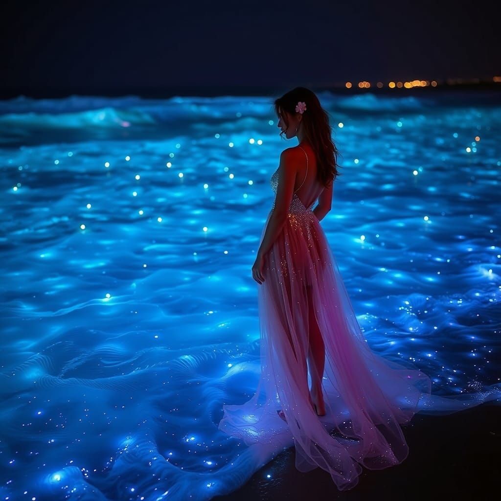 Bioluminescent Waves Meet a Fantasy Party Shore