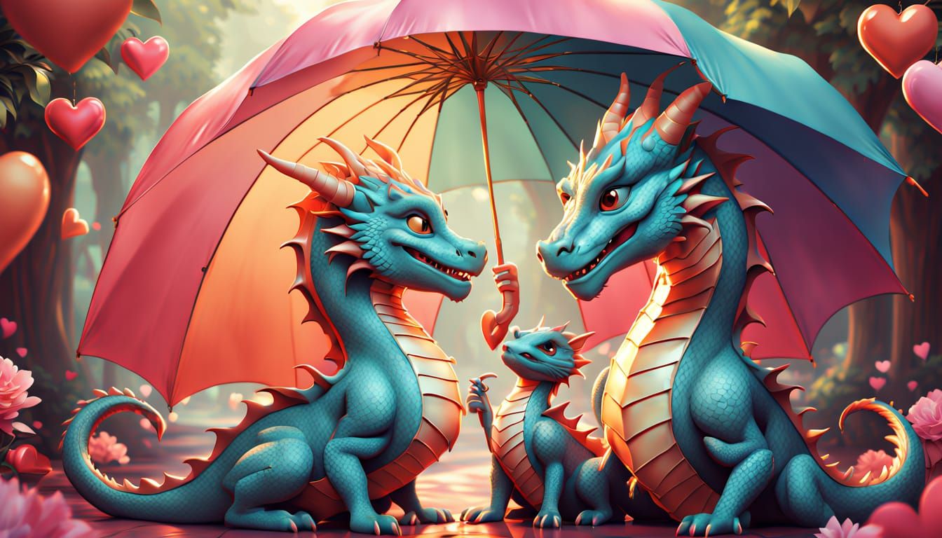 Romantic Dragons Under a Vibrant Umbrella