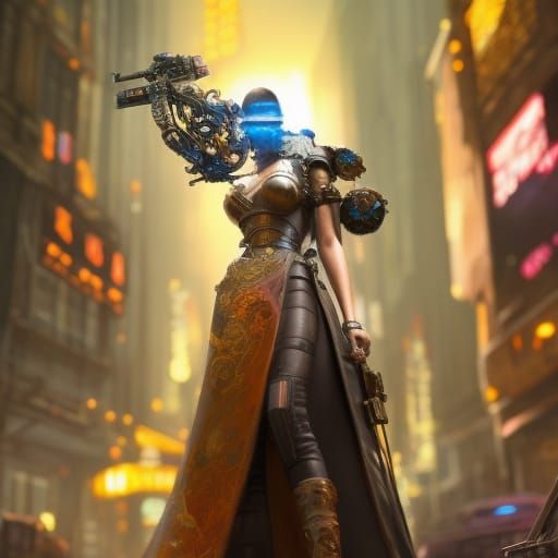 Steampunk Cyberpunk Vehicle in Futuristic Cityscape