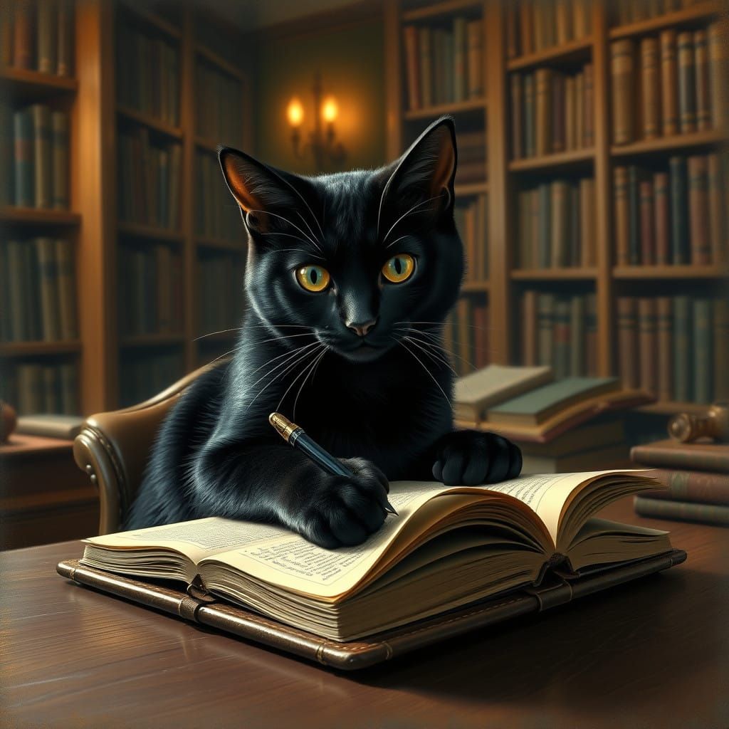 Intense Study of a Black Cat in a Cozy Library