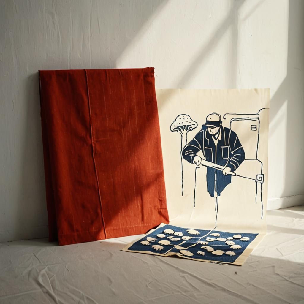 Activists Tending Mushrooms: Linocut on Fabric