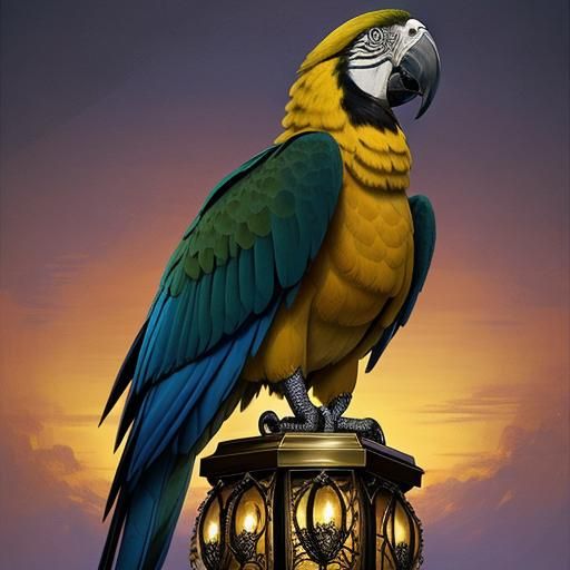 Macaw in Golden Cage at Sunset: Romantic Era Art