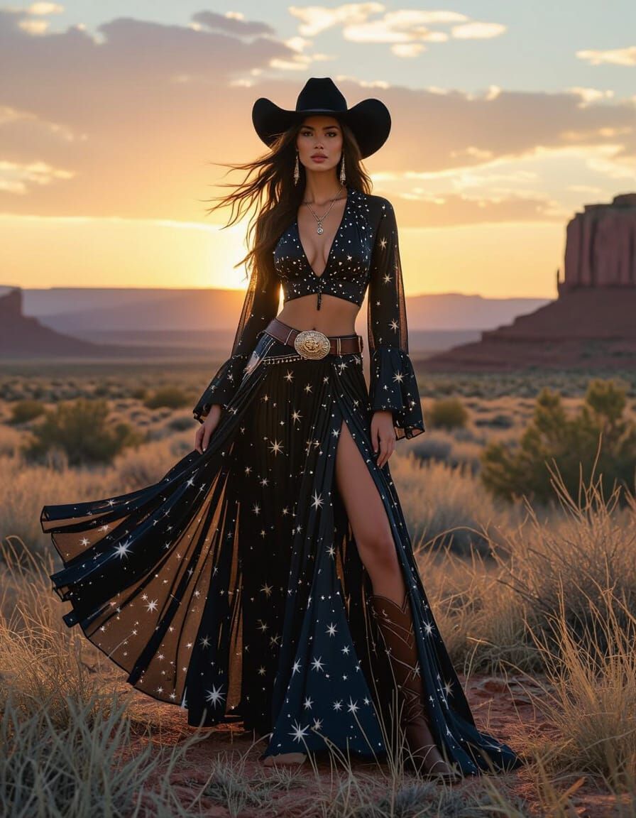 Texan Cowgirl in Starlit Wilderness at Sunset