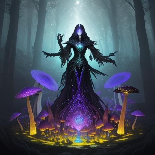 Mystic Figure in Glowing Mushroom Forest