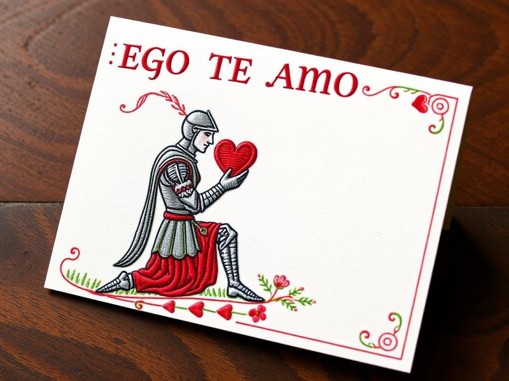 Medieval Knight Offers Maiden a Heart in Bayeux Tapestry Sty...