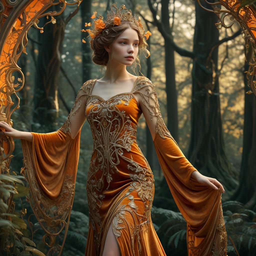 Elegant Art Nouveau Fairy in Orange Velvet Regalia