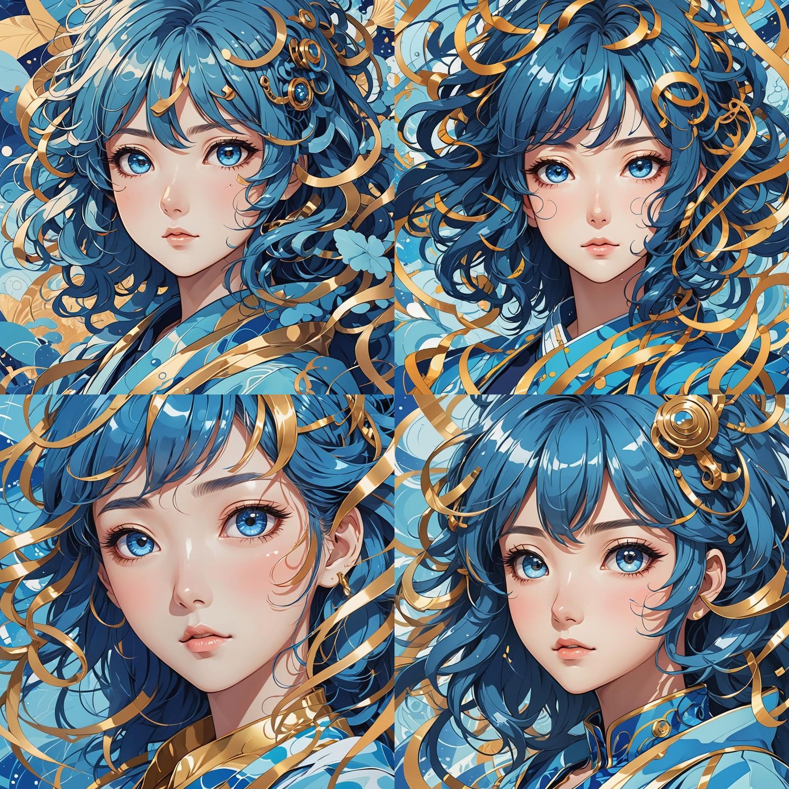 Blue Anime Waifu Illustration in Japanese Style