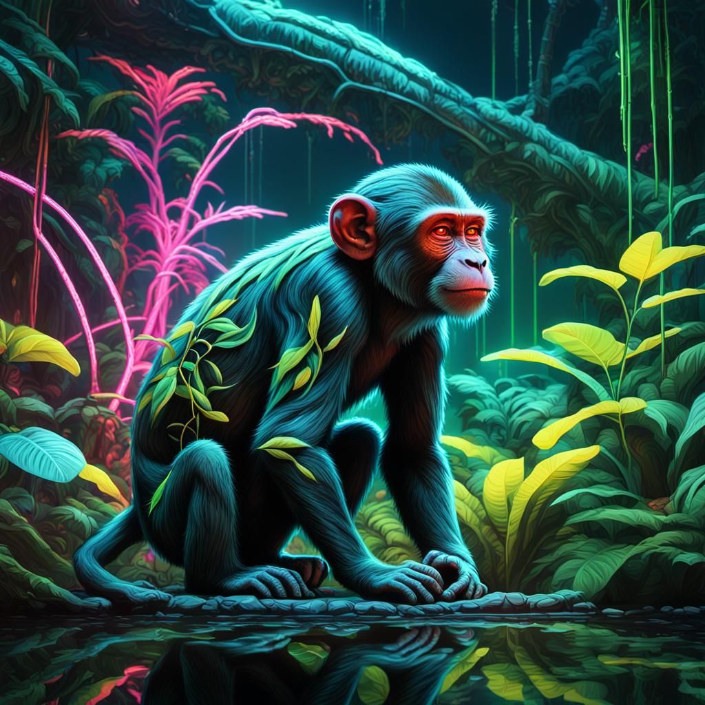 Futuristic Monkey in Cyberpunk Jungle with Neon Lights