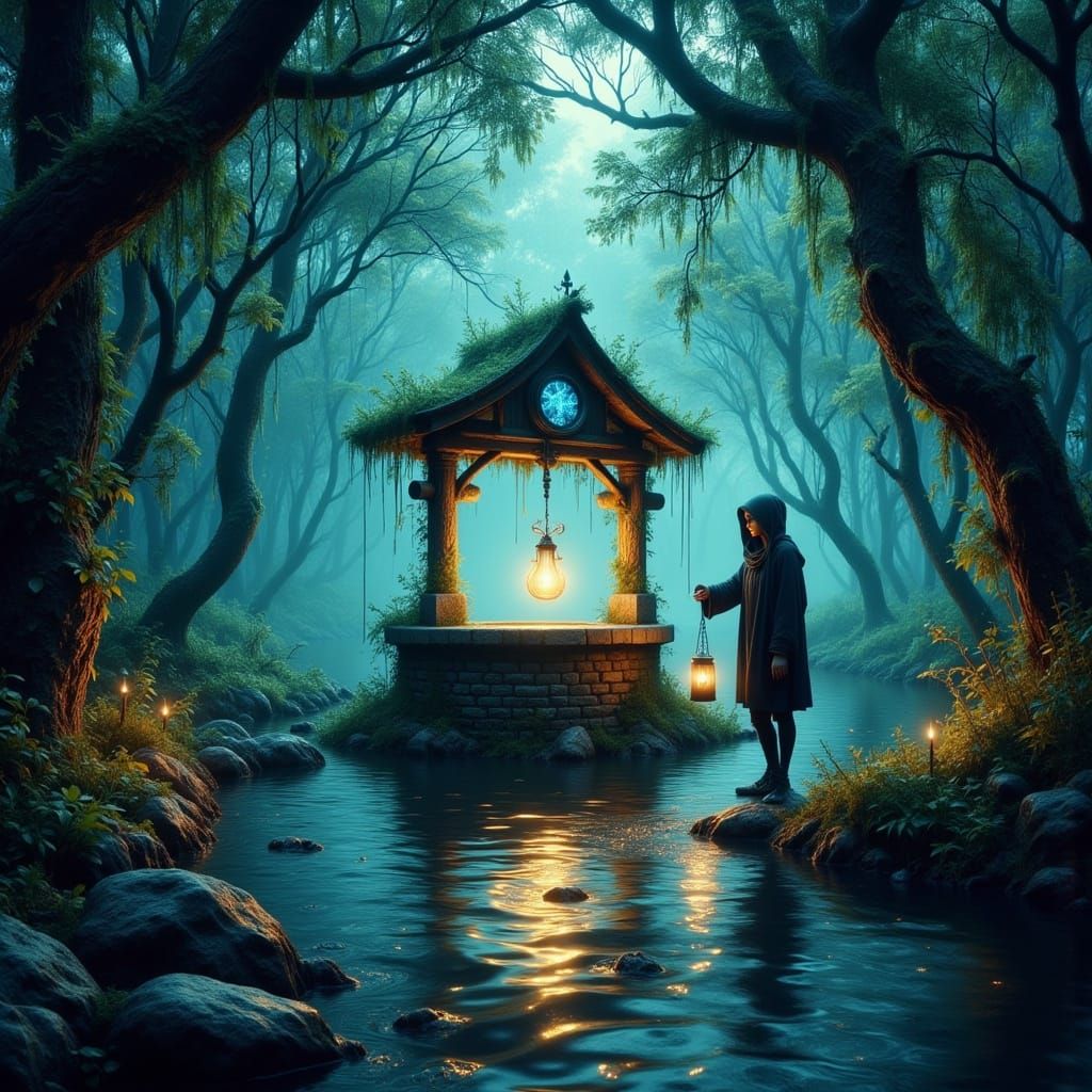 Surreal Wishing Well in Ancient, Twisted Forest