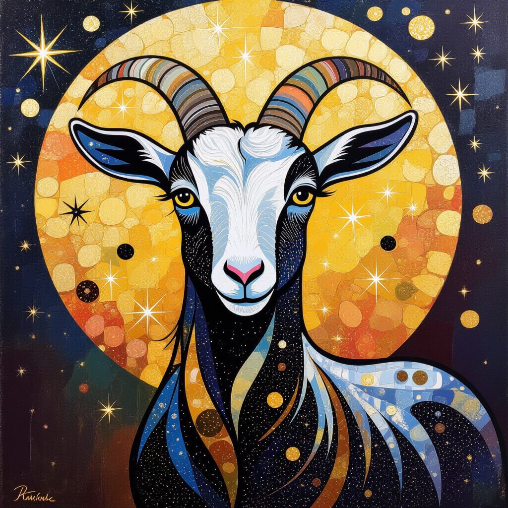 Glittering Stardust Goat in Klimt Style