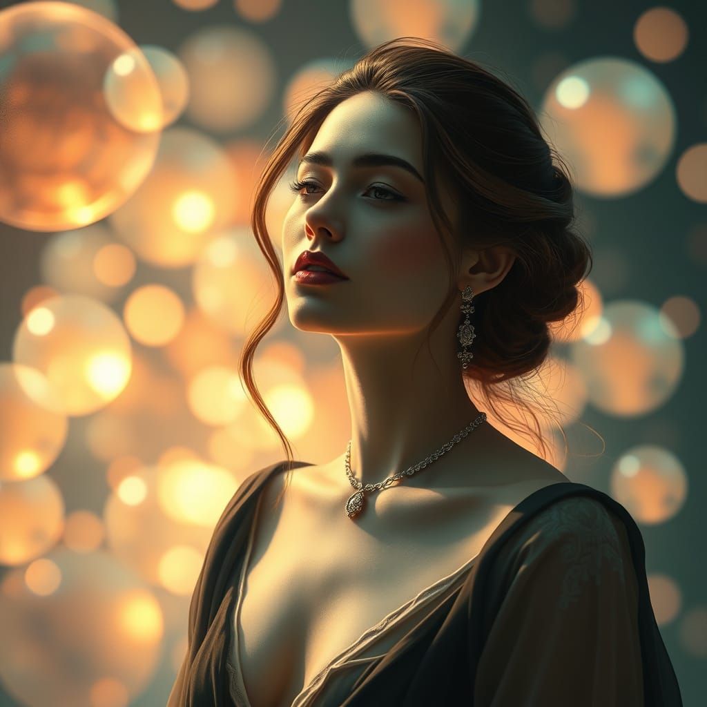 Serene Woman Surrounded by Luminous Orbs