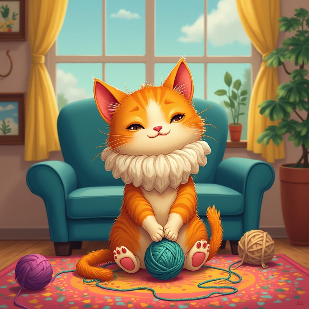 Whimsical Cat in a Colorful Living Room