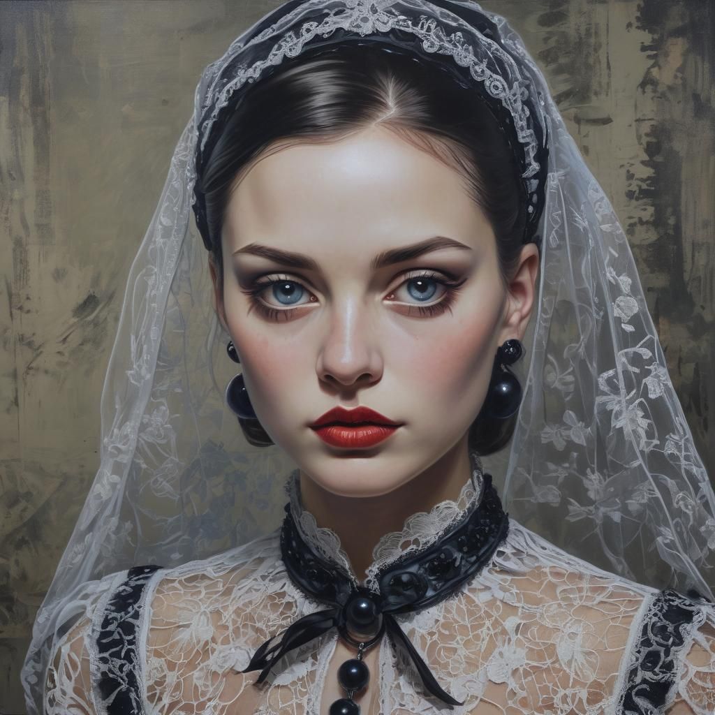 Dieselpunk Woman in Lace Veil, Cyberpunk Art