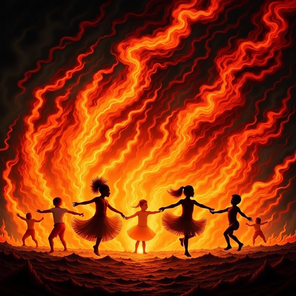 Flame Children Dancing in a Fiery Dreamscape
