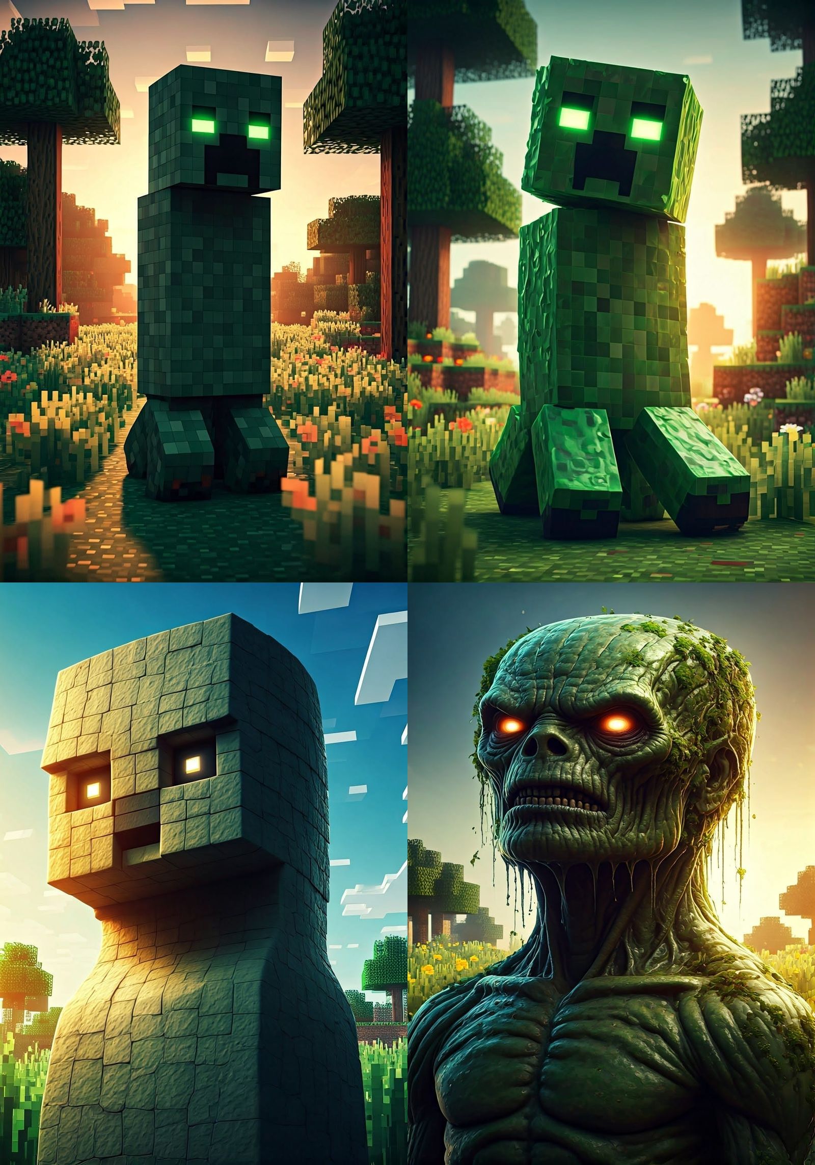 Surreal Hyperrealistic Minecraft Creeper in Vibrant Meadow