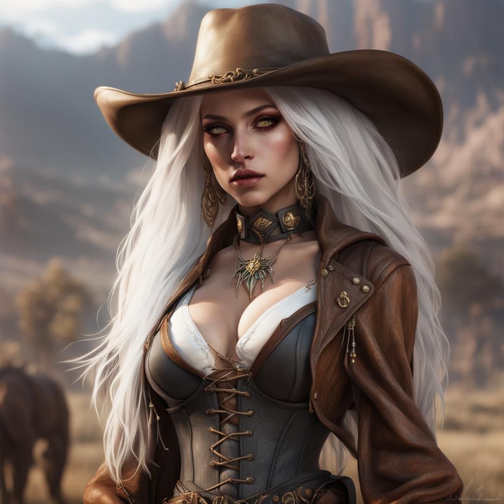 Hyperrealistic Dhampir Elf Cowgirl in Detailed Digital Paint...