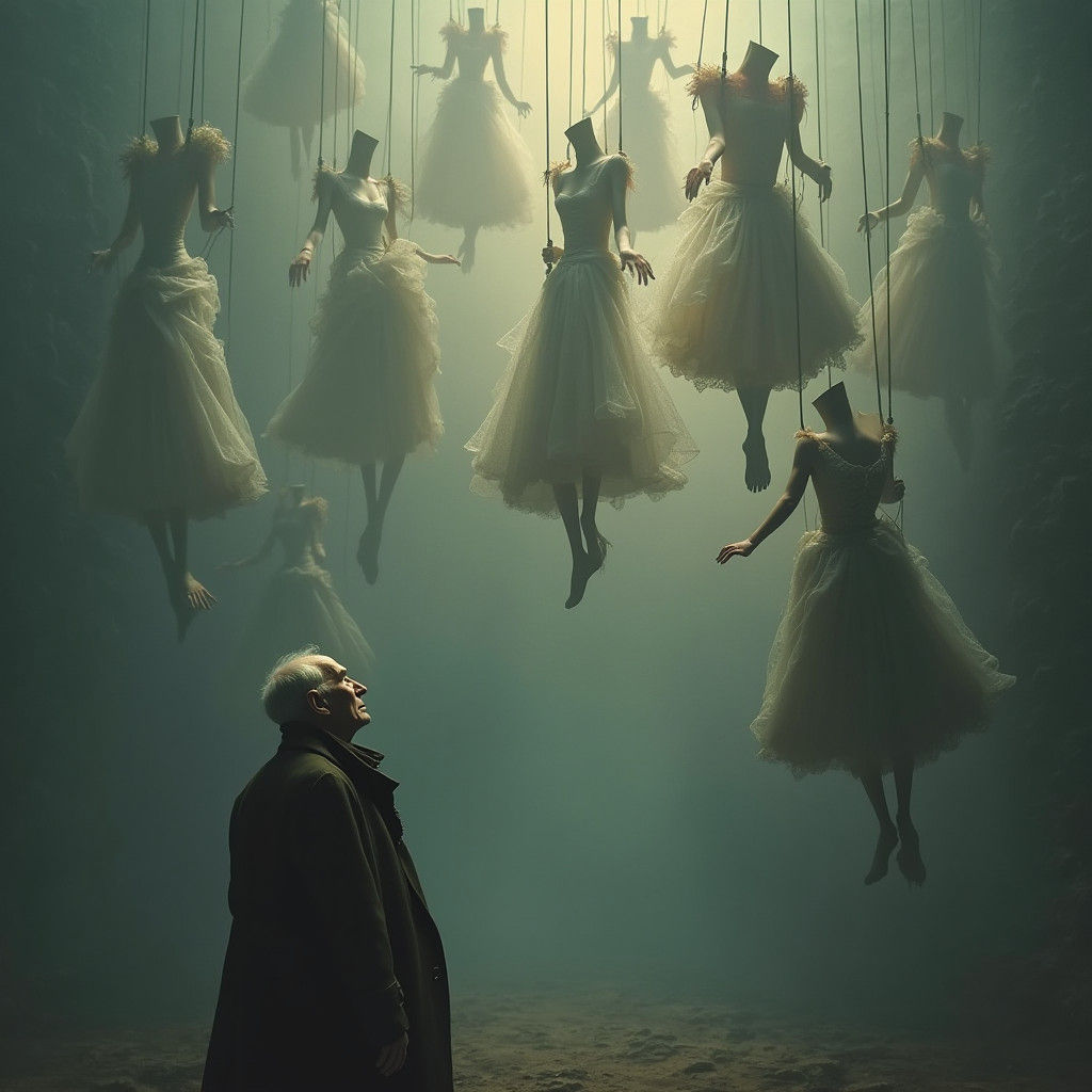 Eerie Marionettes in a Dreamlike Sky