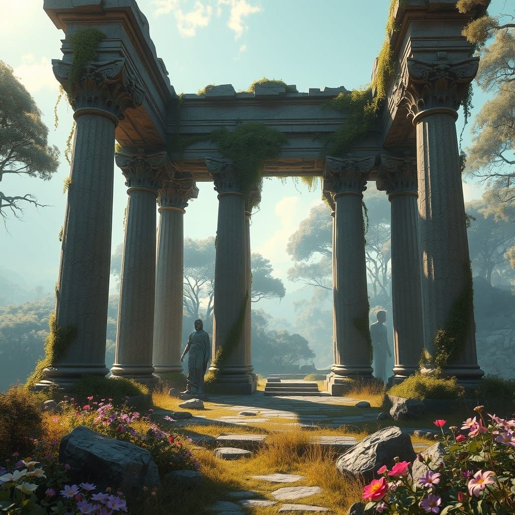 Ancient Temple Ruins Overrun by Nature in Atmospheric Cyberp...