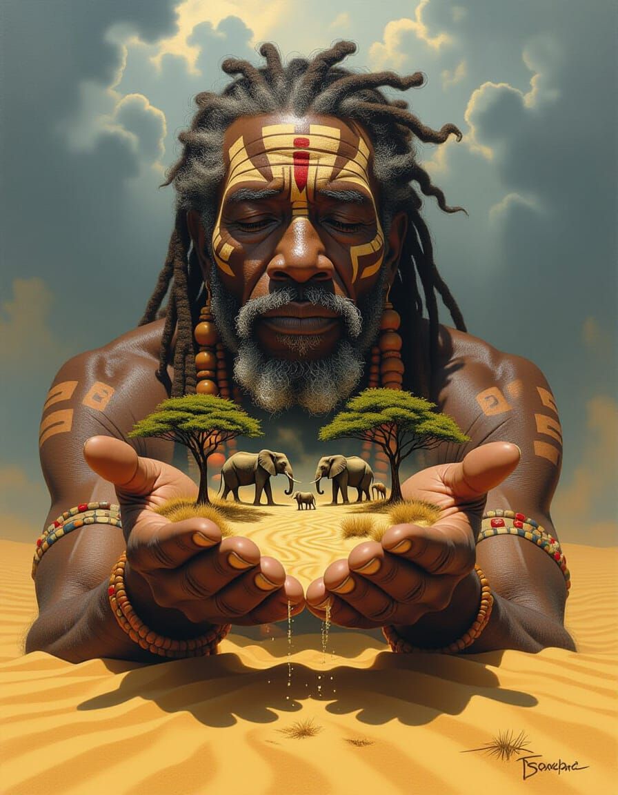 African Sorcerer Holds Miniature Savannah Landscape