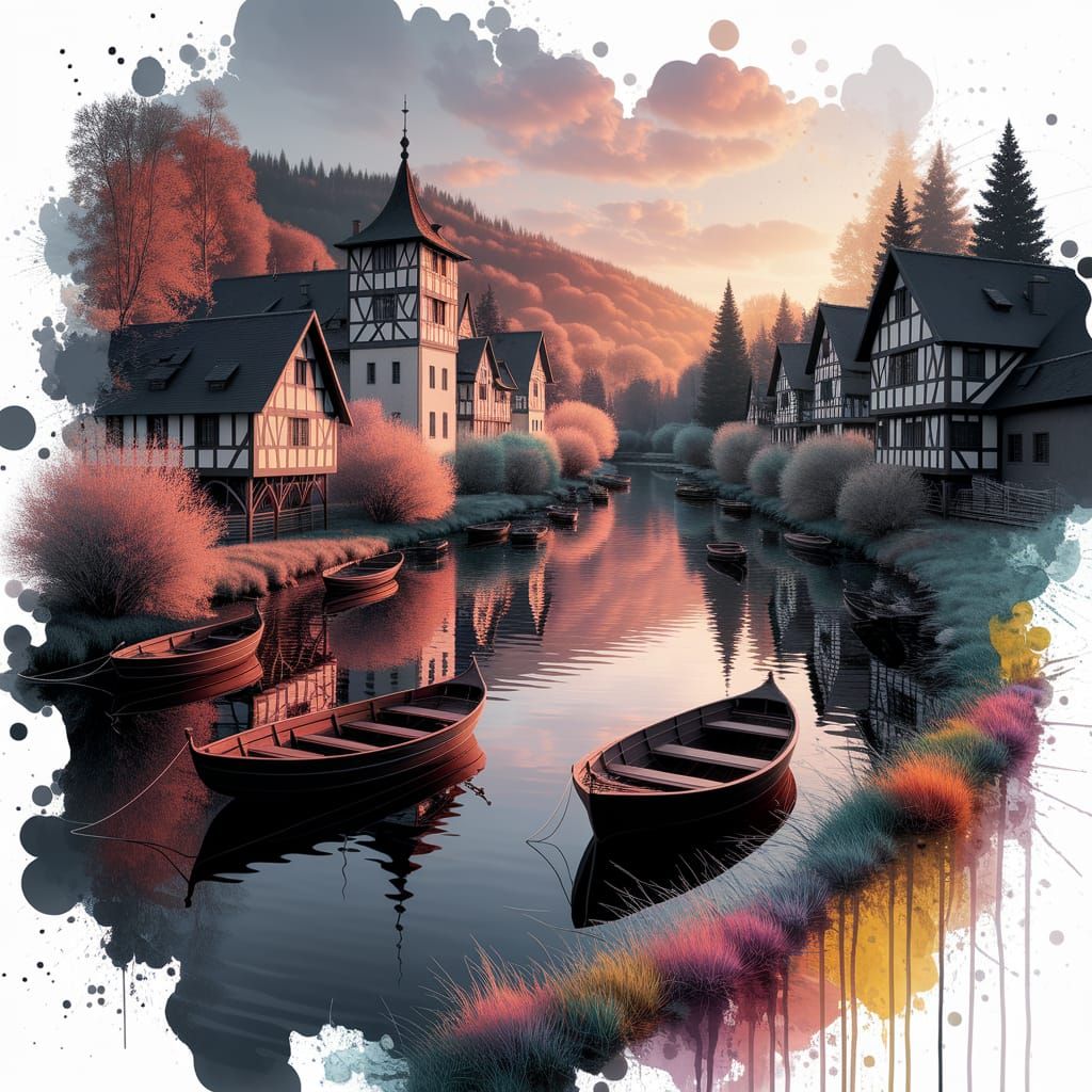 Medieval Village River Scene in Black Watercolour and Ink