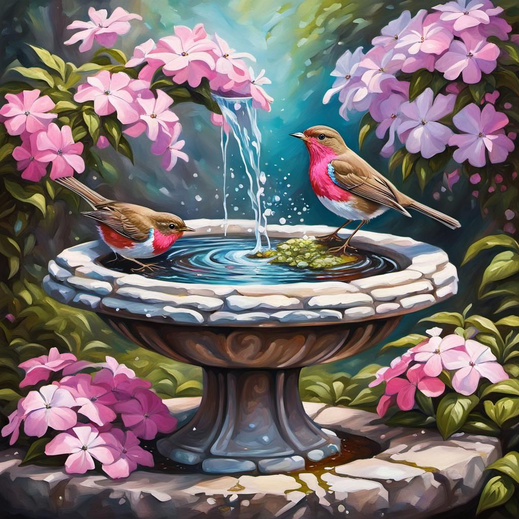 Beautiful Pink Robins drinking stone bird bath