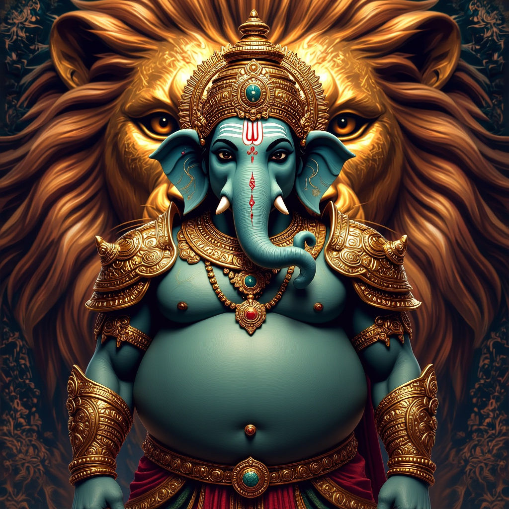 Ganesh in Golden Armor with Lion Face