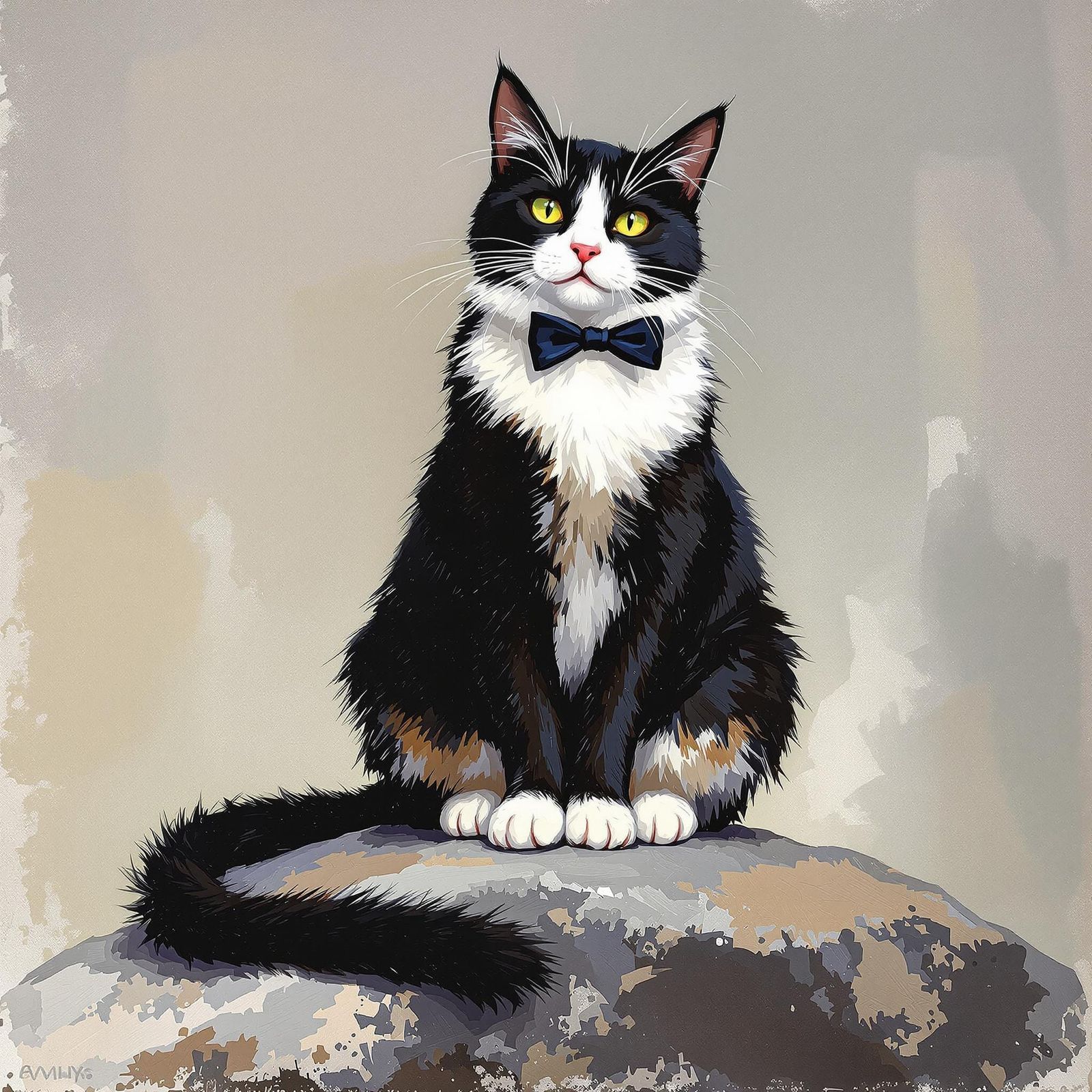 Fancy Tuxedo Cat Perched on Rock