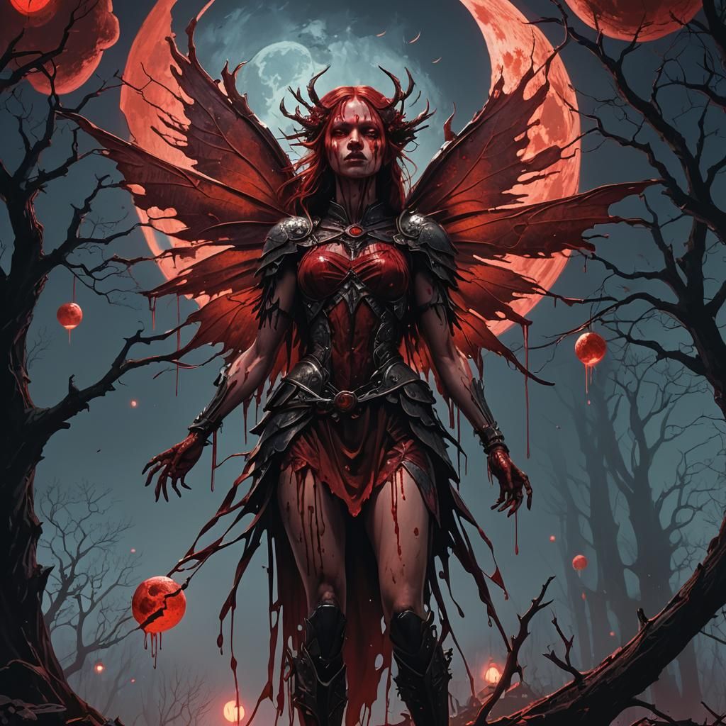 Blood Fairy under Blood Moon: Dark Fantasy Art