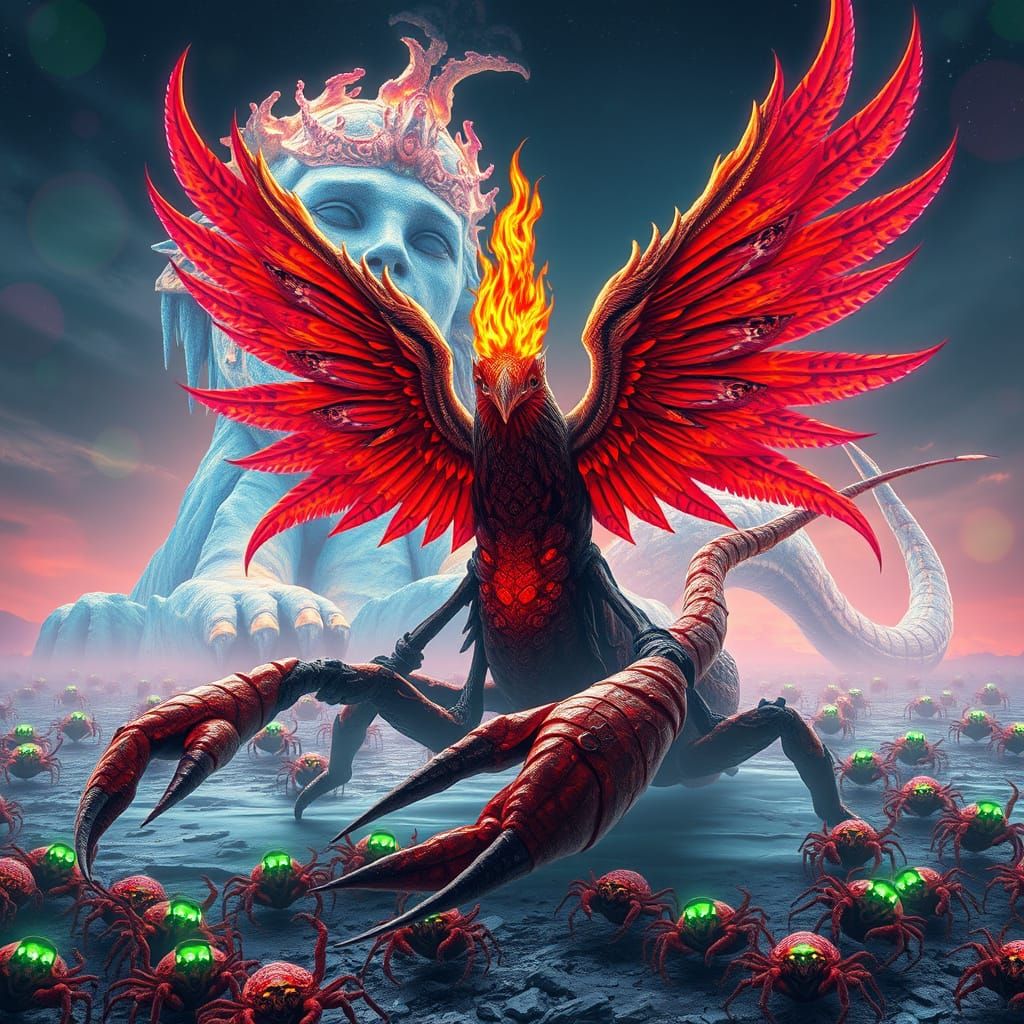 Psychedelic Phoenix-Scorpion in a Sci-Fi Landscape