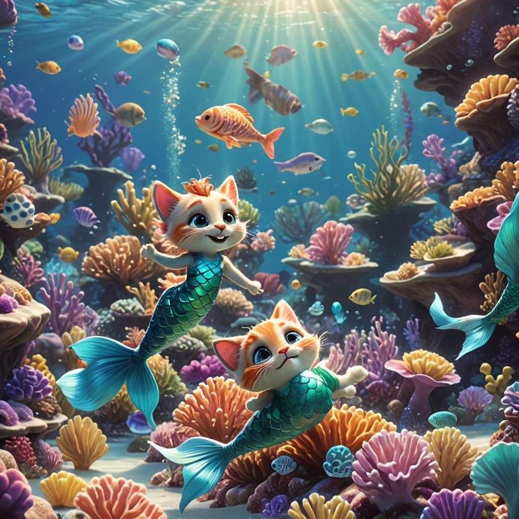 Mermaid Kittens Play in Coral Reefs: Pixar Style