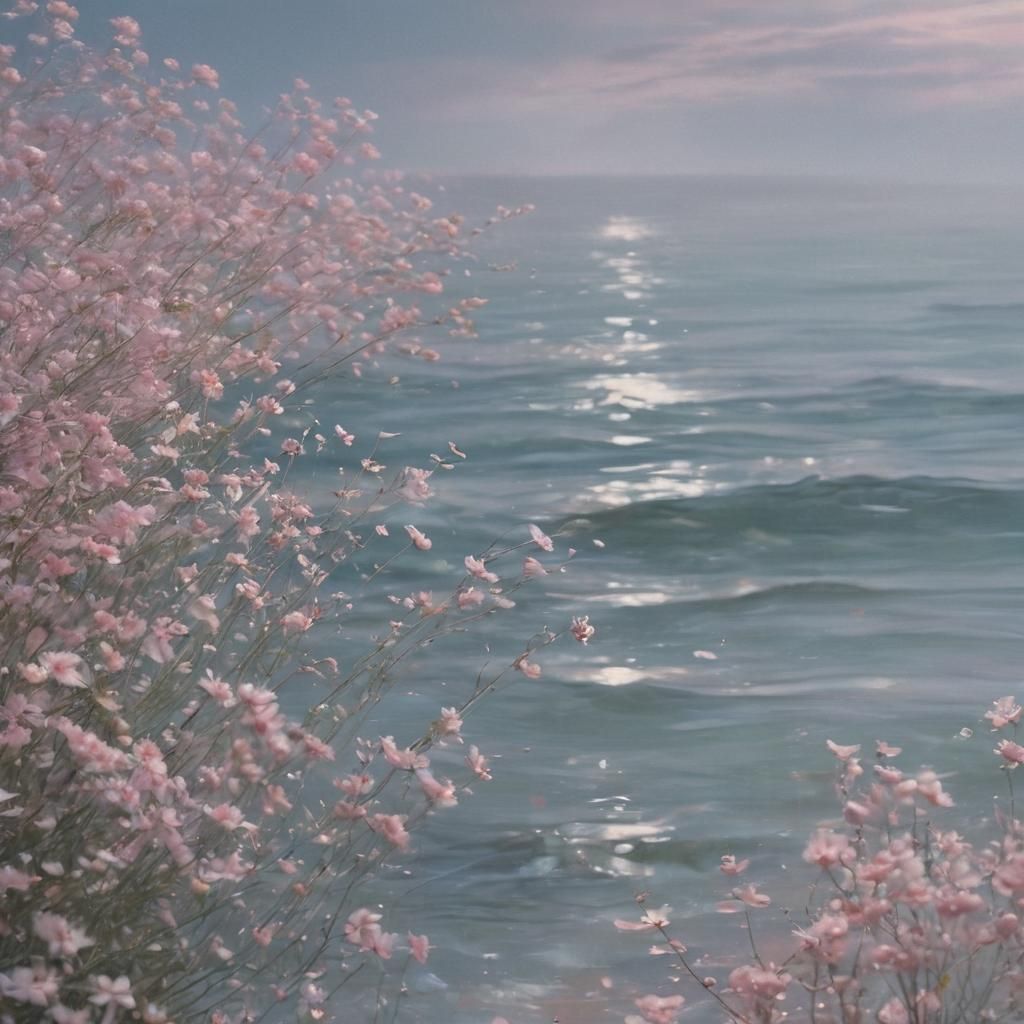 Dreamy Impressionist Ocean at Night with Pink Flowers