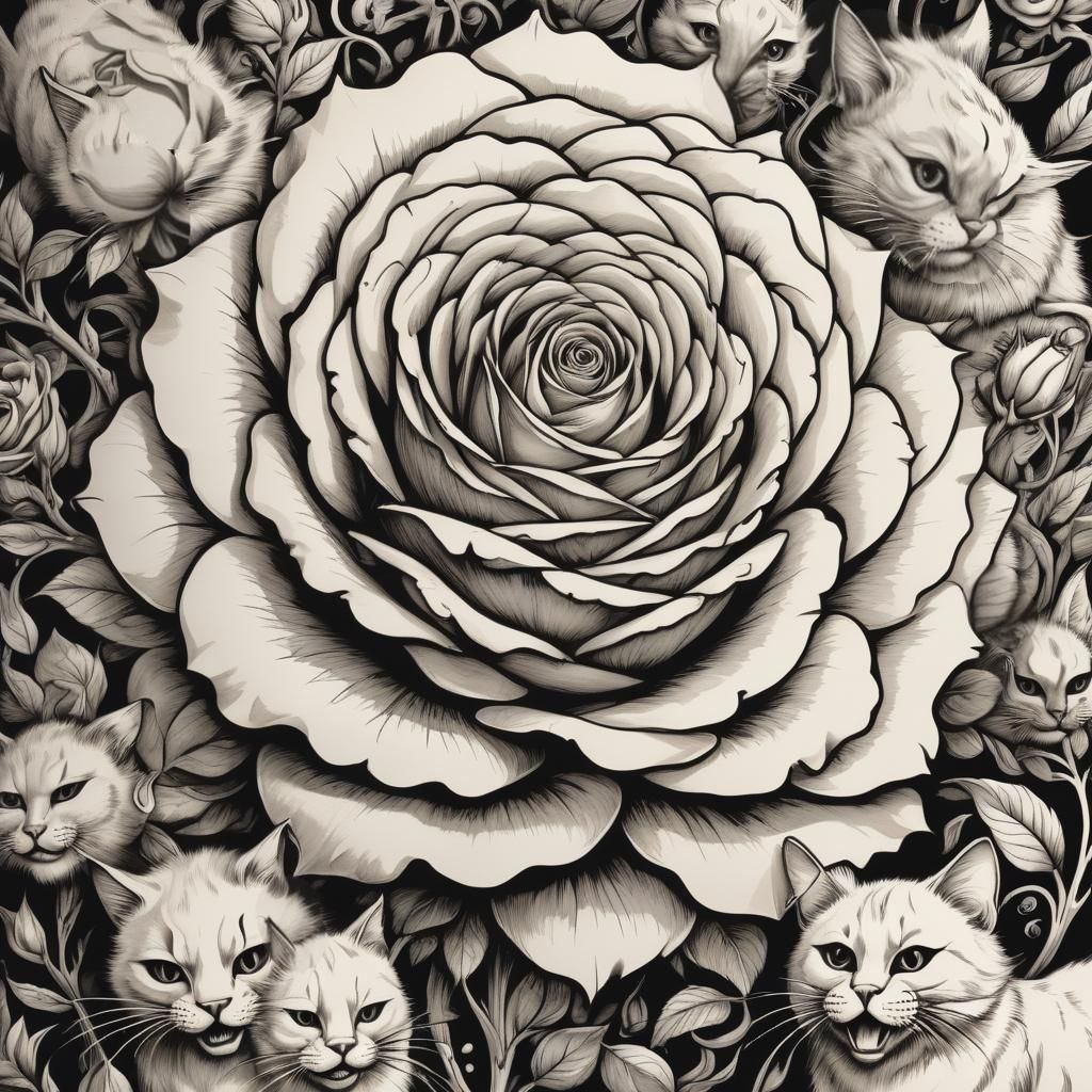 Cats Around a Rose: Masterpiece Ink Art