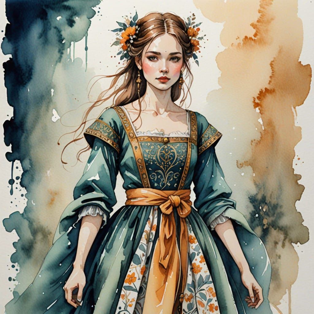 Whimsical young girl in gorgeous and ancient dress, watercol...