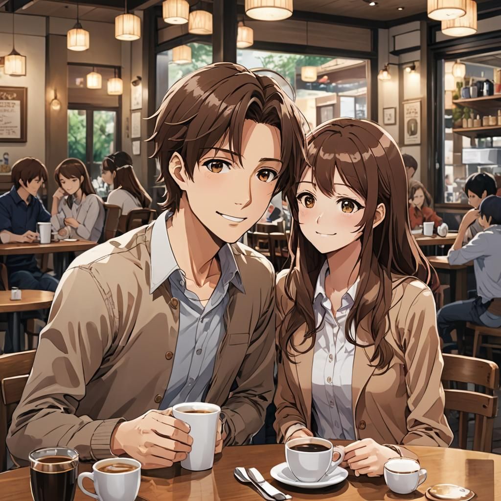 Anime-Style Young Couple on Coffee Shop Date