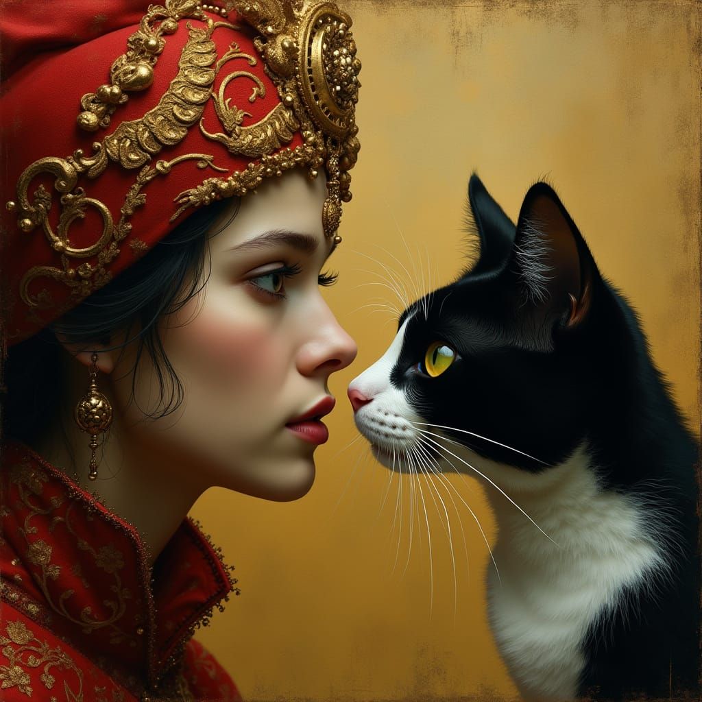 Gothic Surrealist Portrait: Woman and Cat in Dramatic Light