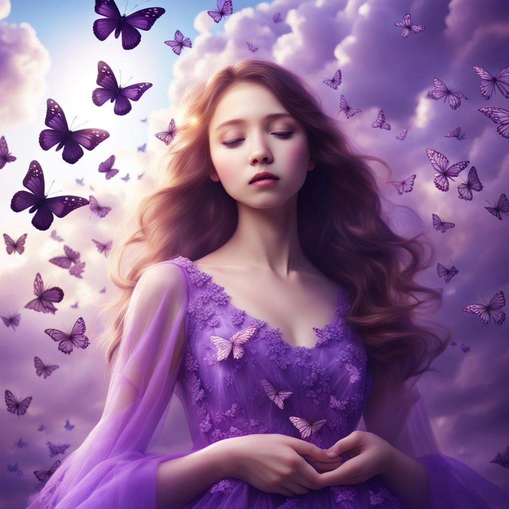 Girl in Purple Dress Surrounded by Butterflies