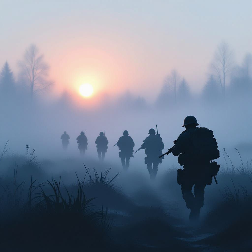 Soldiers Advancing Through Fog at Dawn