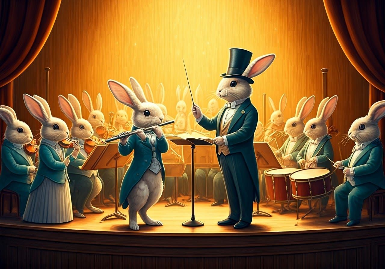 Elegant Whimsical Orchestra of Rabbit Musicians in a Golden....