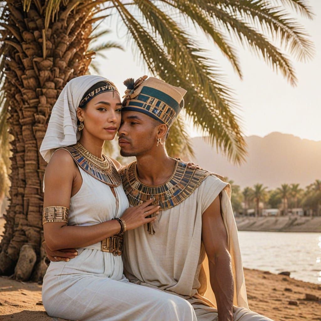 Regal Egyptian Royalty Embracing Under Palm Tree in Sunset G...