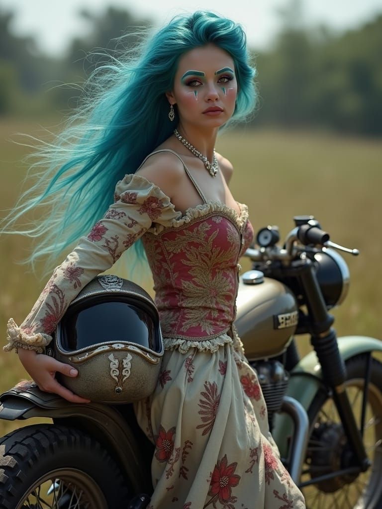 Woman with Blue Hair and Motorcycle, Folk Art Style