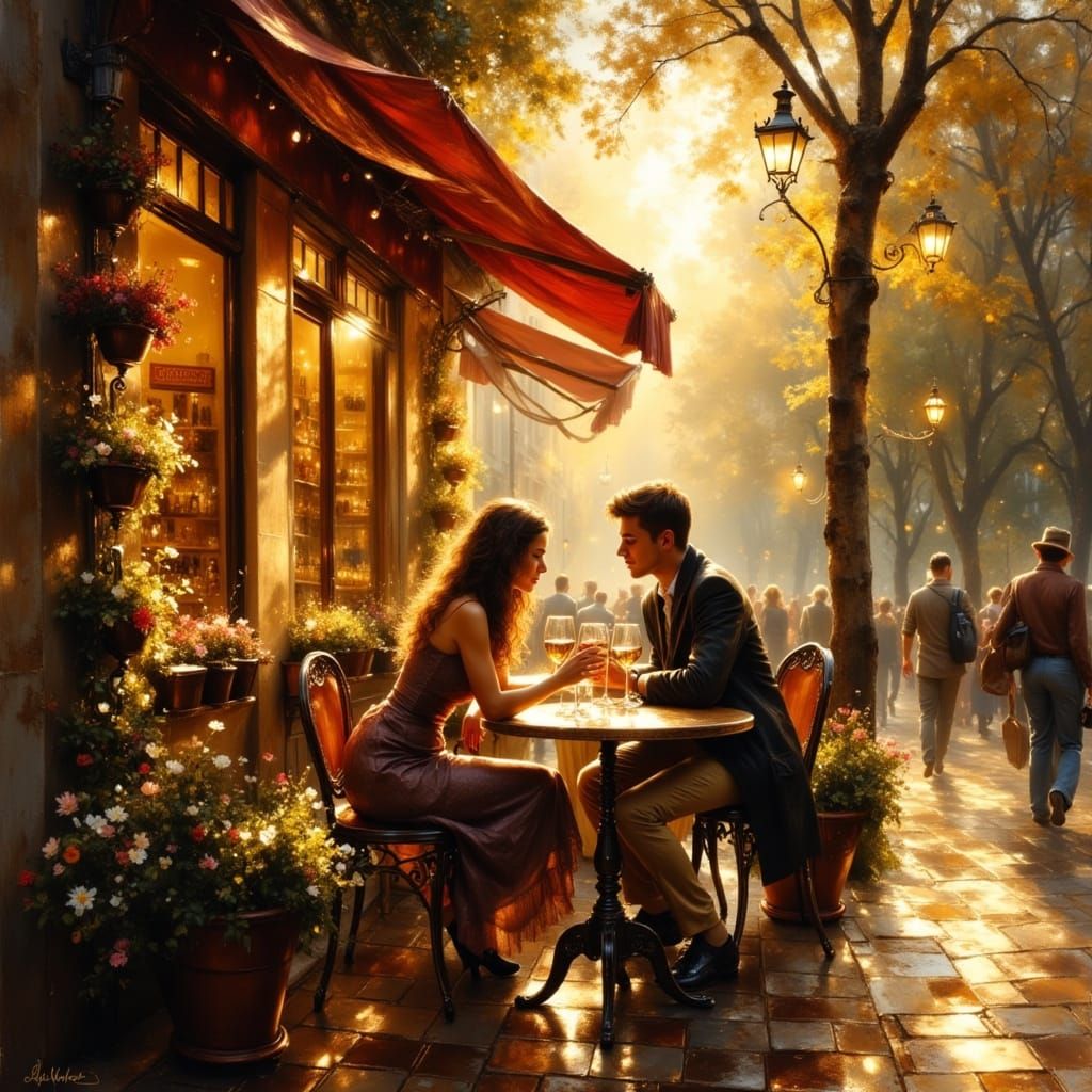 Couple Enjoying Wine at Golden Hour Bistro, Lautrec Style