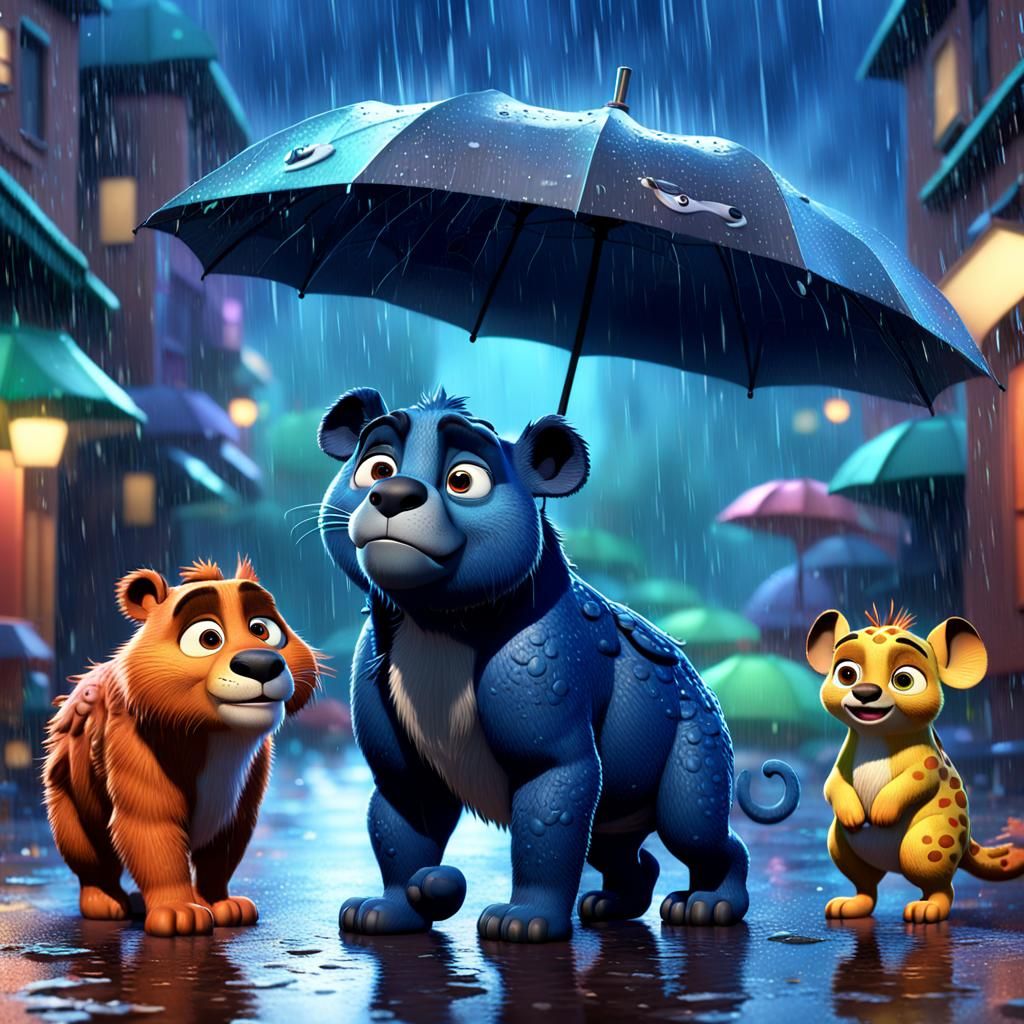 Animals in Rain: 3D Digital Art Concept