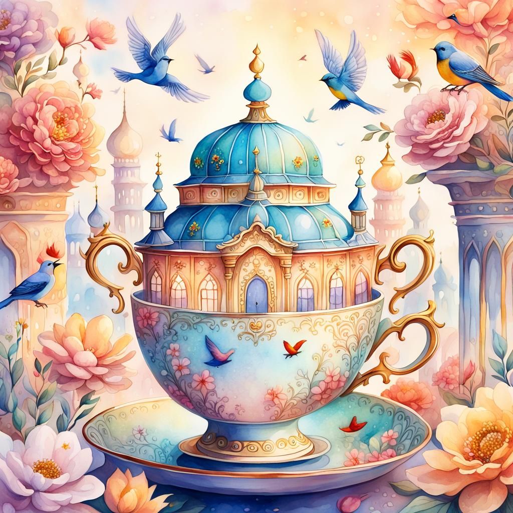 Miniature Fantasy World Inside Teacup, Watercolor Style