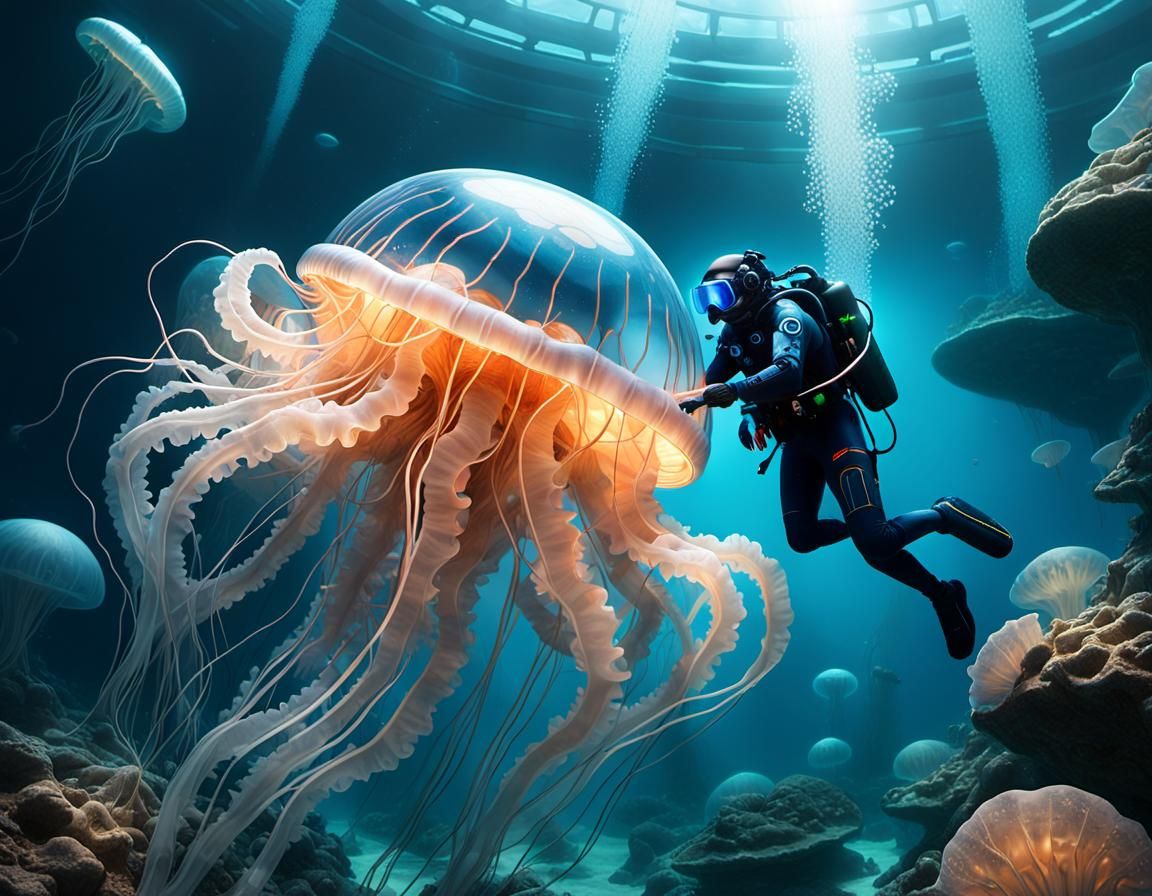 Underwater Research Facility with Glowing Jellyfish