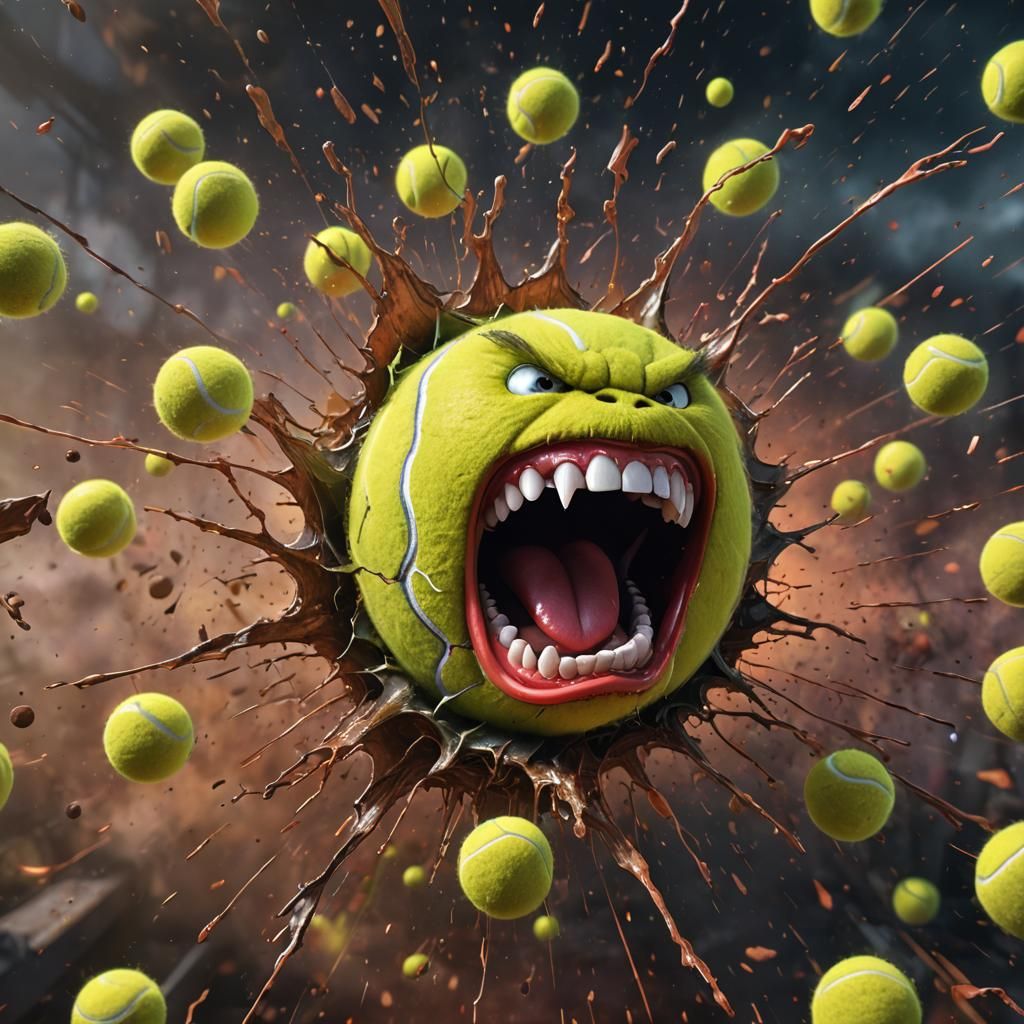 Angry Sentient Tennis Ball Screaming in Detailed Painting
