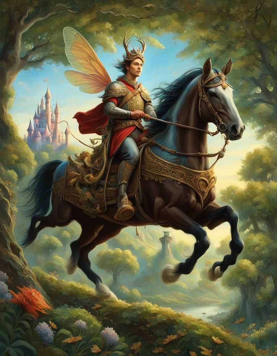 Fairy Knight and Steeds in Enchanted Forest