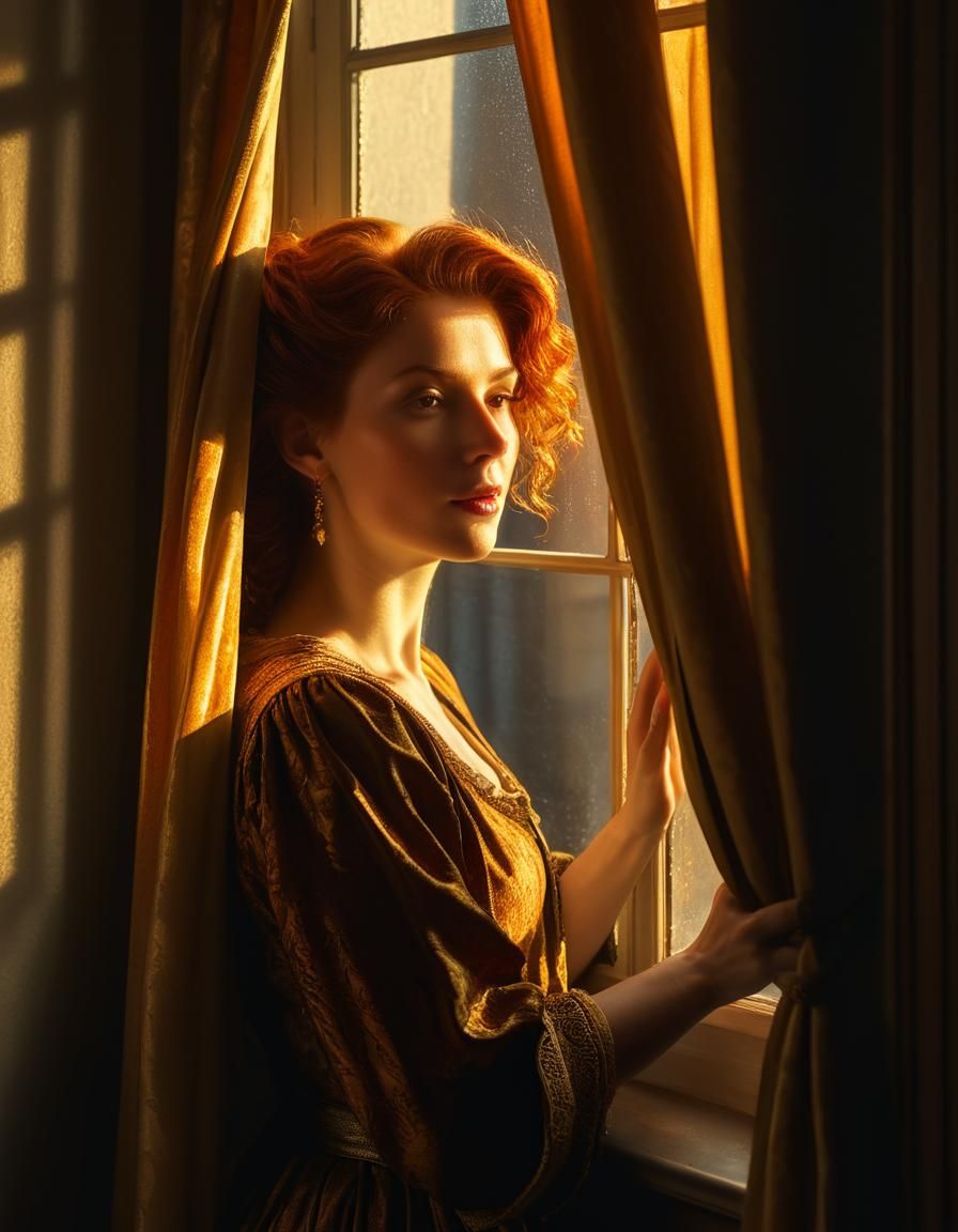 Baroque Woman at Window in Golden Light