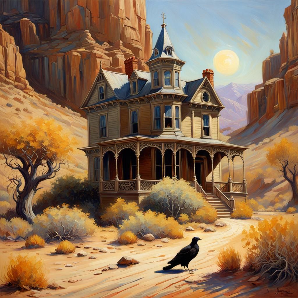 Addams Family Mansion in Desert, Impressionistic Style