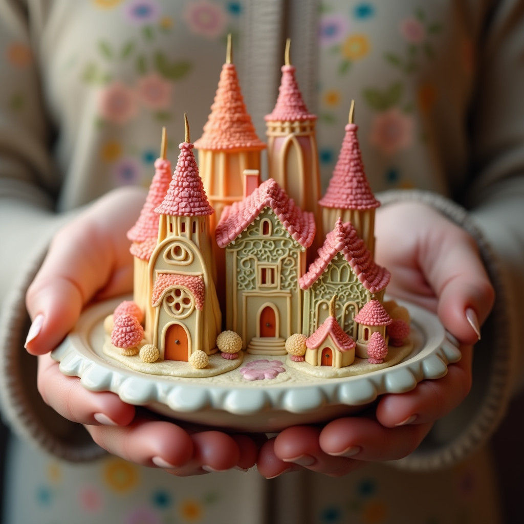 Ornate Marzipan Village in Gentle Hands, Matte Painting