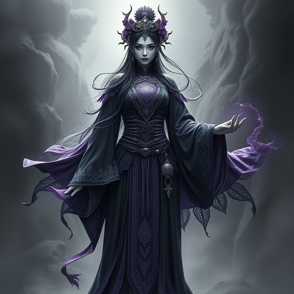 Hyperrealistic Medieval Fantasy Sorceress in Charcoal Drawin...